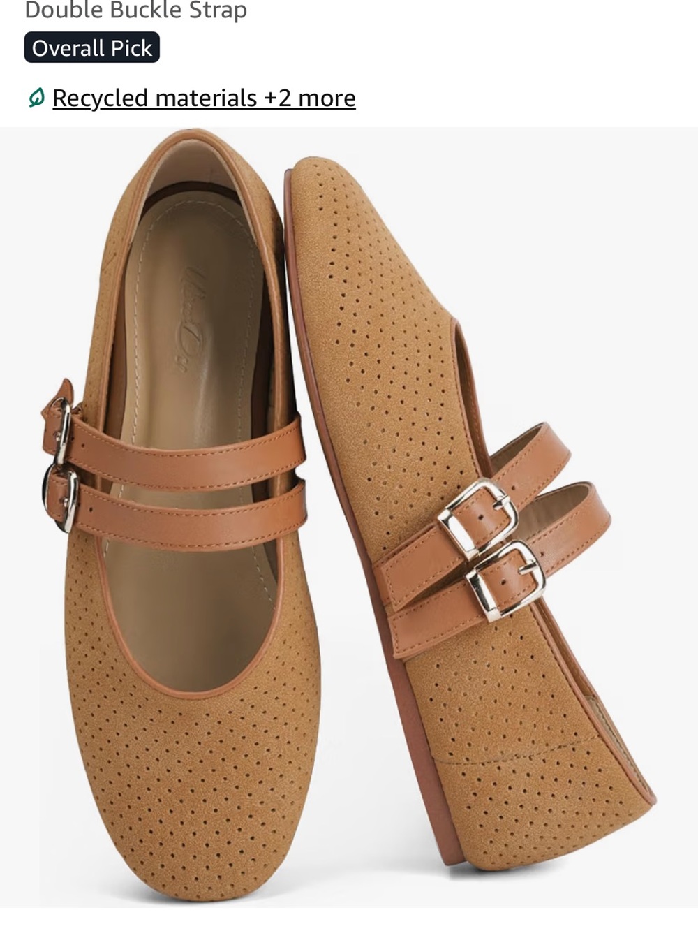 Mary Jane Double Buckle Perforated Flats in Tan